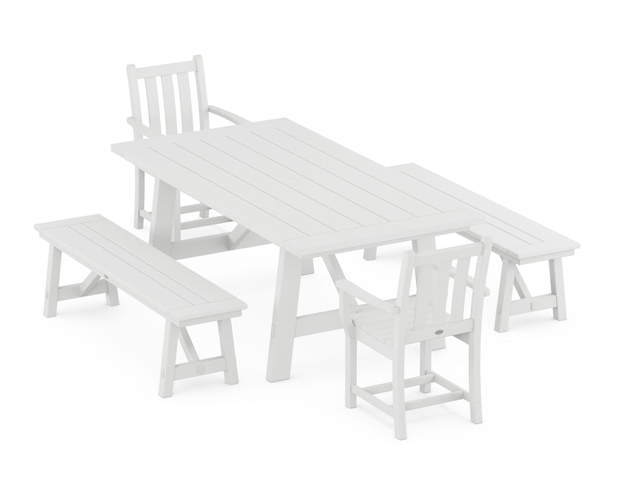 POLYWOOD Traditional Garden 5-Piece Rustic Farmhouse Dining Set With Benches in White image