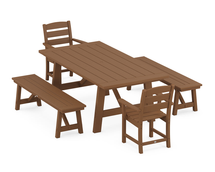 POLYWOOD Lakeside 5-Piece Rustic Farmhouse Dining Set With Benches in Teak