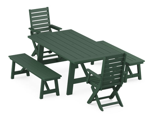 POLYWOOD Captain 5-Piece Rustic Farmhouse Dining Set With Benches in Green image