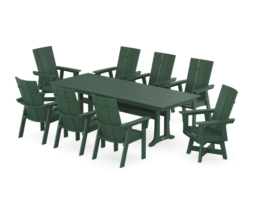 POLYWOOD Modern Curveback Adirondack Swivel 9-Piece Farmhouse Dining Set with Trestle Legs in Green image