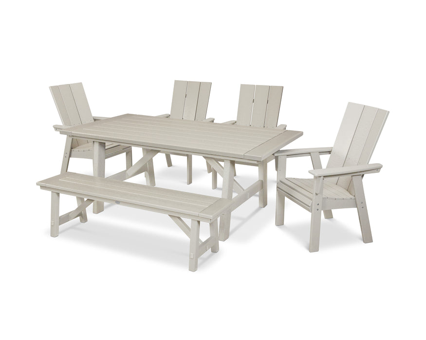 POLYWOOD Modern Curveback Adirondack 6-Piece Rustic Farmhouse Dining Set with Bench in Sand image