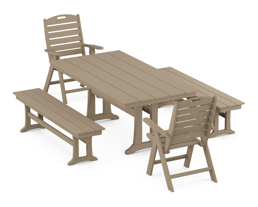 POLYWOOD Nautical Highback Chair 5-Piece Farmhouse Dining Set With Trestle Legs and Benches in Vintage Sahara