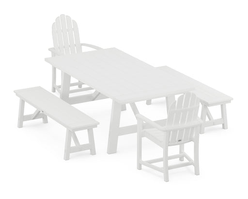 POLYWOOD Classic Adirondack 5-Piece Rustic Farmhouse Dining Set With Benches in White image