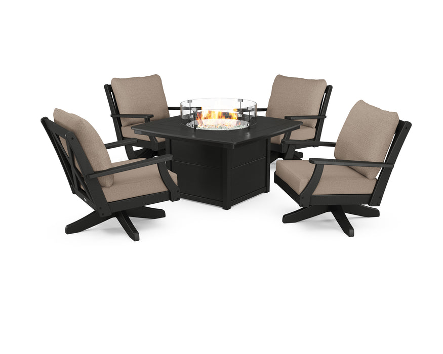 POLYWOOD Braxton 5-Piece Deep Seating Swivel Conversation Set with Fire Pit Table in Black / Sancy Shale image