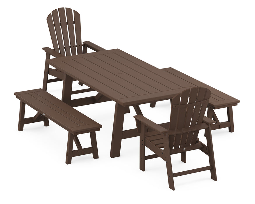 POLYWOOD South Beach 5-Piece Rustic Farmhouse Dining Set With Benches in Mahogany image