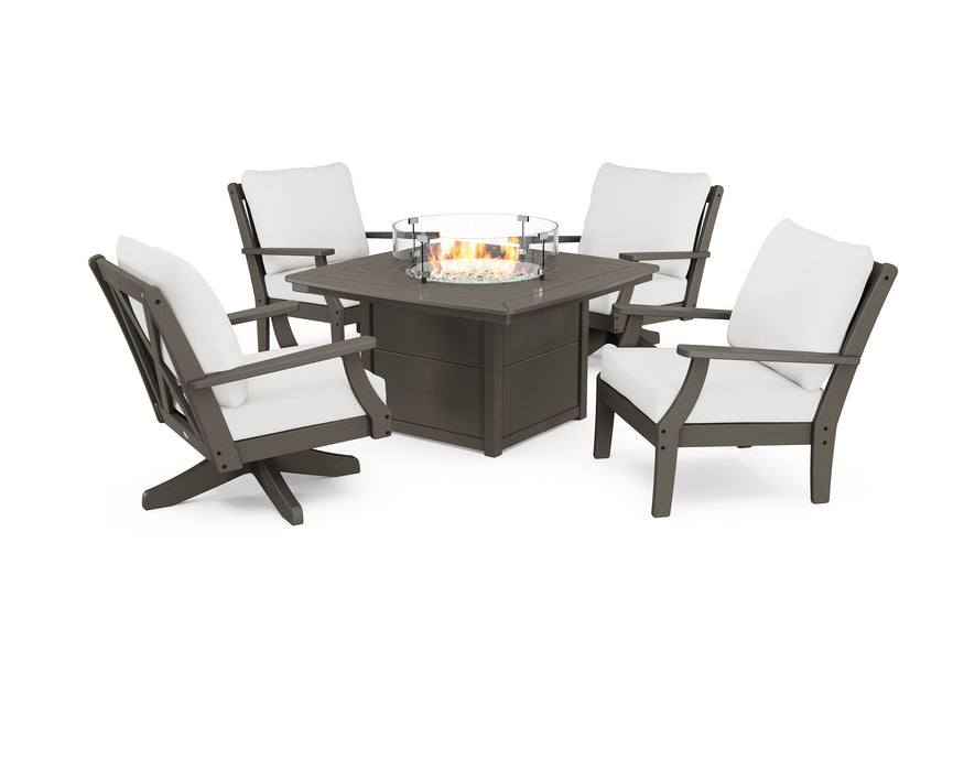 POLYWOOD Braxton 5-Piece Deep Seating Set with Fire Table in Vintage Coffee / Natural Linen