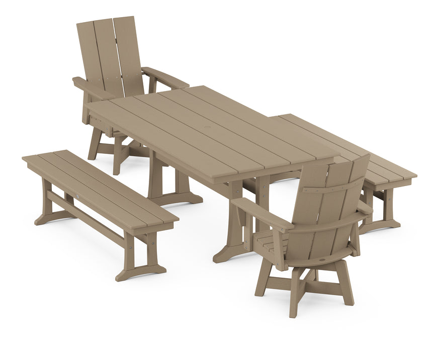POLYWOOD Modern Curveback Adirondack Swivel Chair 5-Piece Farmhouse Dining Set With Trestle Legs and Benches in Vintage Sahara image
