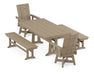 POLYWOOD Modern Curveback Adirondack Swivel Chair 5-Piece Farmhouse Dining Set With Trestle Legs and Benches in Vintage Sahara image
