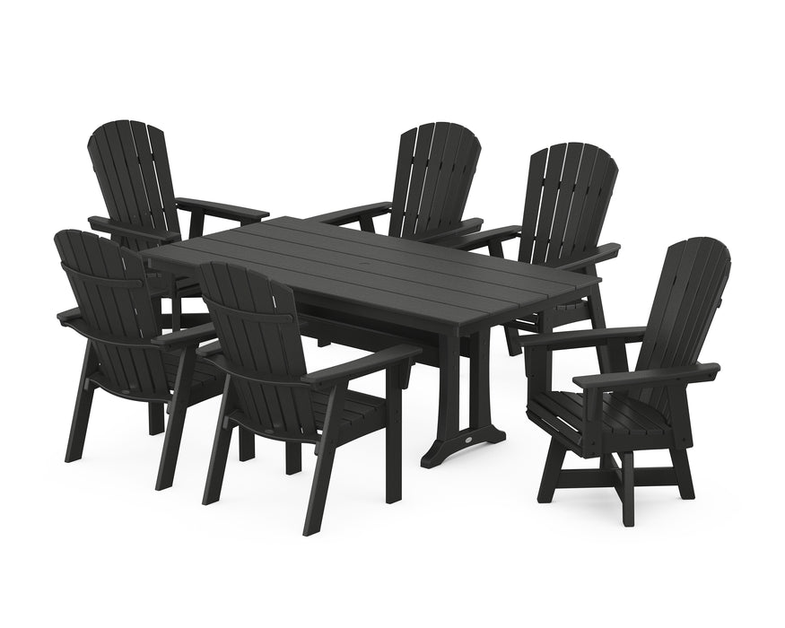 POLYWOOD Nautical Curveback Adirondack Swivel Chair 7-Piece Farmhouse Dining Set With Trestle Legs in Black