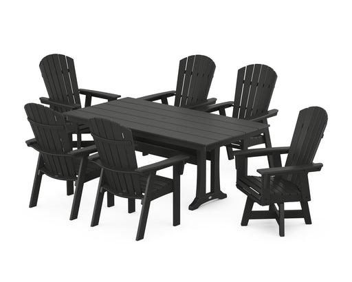 POLYWOOD Nautical Curveback Adirondack Swivel Chair 7-Piece Farmhouse Dining Set With Trestle Legs in Black image