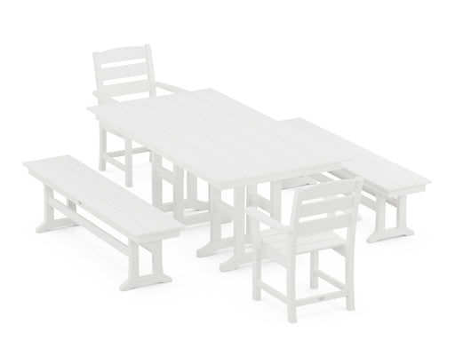 POLYWOOD Lakeside 5-Piece Farmhouse Dining Set with Benches in White image