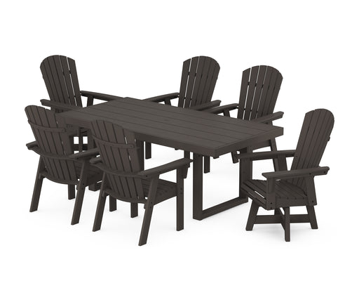 POLYWOOD Nautical Curveback Adirondack Swivel Chair 7-Piece Dining Set in Vintage Coffee image