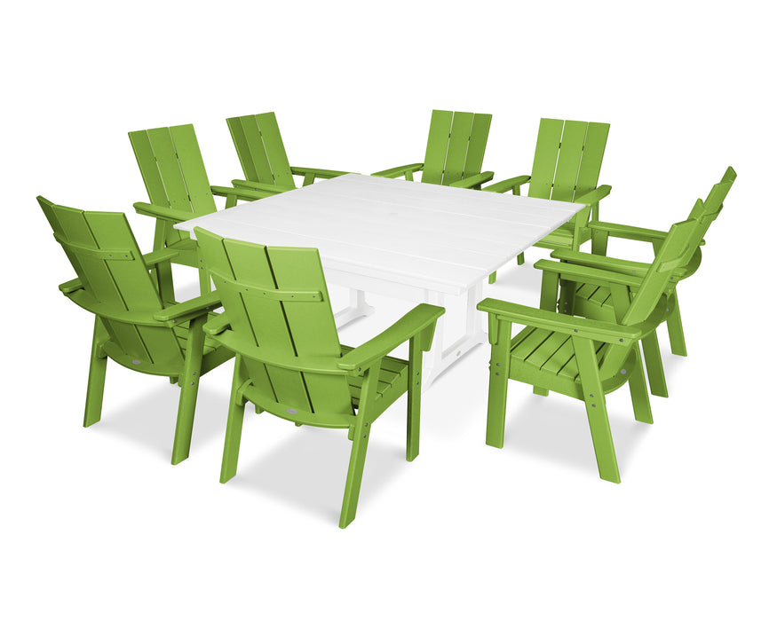 POLYWOOD Modern Curveback Adirondack 9-Piece Farmhouse Trestle Dining Set in Lime / White