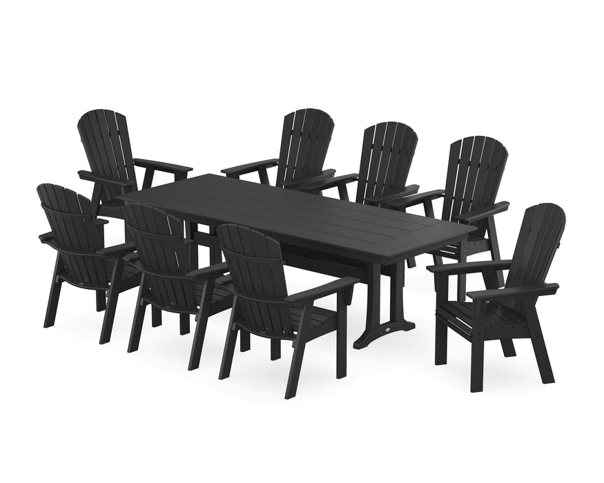 POLYWOOD Nautical 9-Piece Curveback Adirondack Farmhouse Dining Set with Trestle Legs in Black