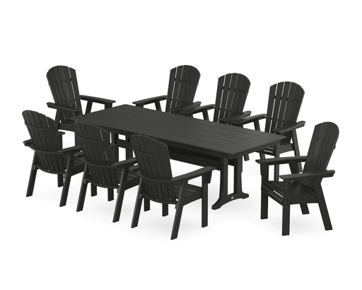 POLYWOOD Nautical 9-Piece Curveback Adirondack Farmhouse Dining Set with Trestle Legs in Black image