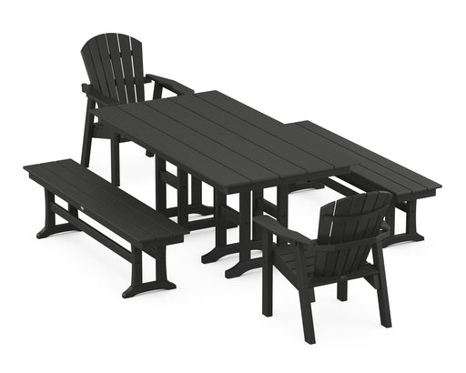 POLYWOOD Seashell 5-Piece Farmhouse Dining Set with Benches in Black image