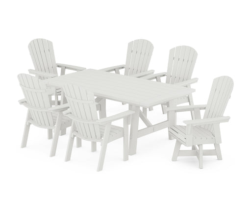 POLYWOOD Nautical Curveback Adirondack Swivel Chaie 7-Piece Rustic Farmhouse Dining Set in Vintage White image