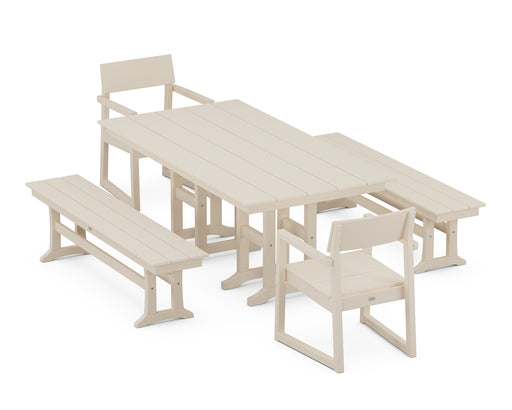 POLYWOOD EDGE 5-Piece Farmhouse Dining Set with Benches in Sand image