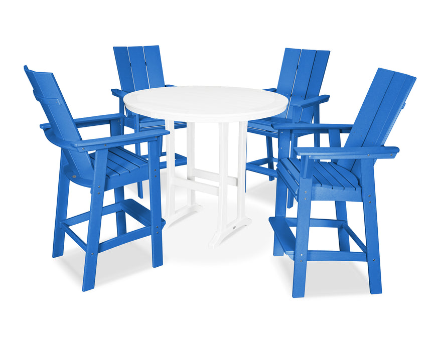 POLYWOOD Modern Curveback Adirondack 5-Piece Nautical Trestle Bar Set in Pacific Blue / White image