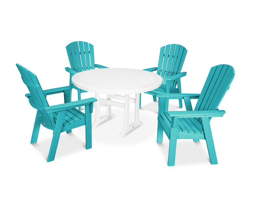 POLYWOOD Nautical Curveback Adirondack 5-Piece Round Dining Set with Trestle Legs in Aruba / White image