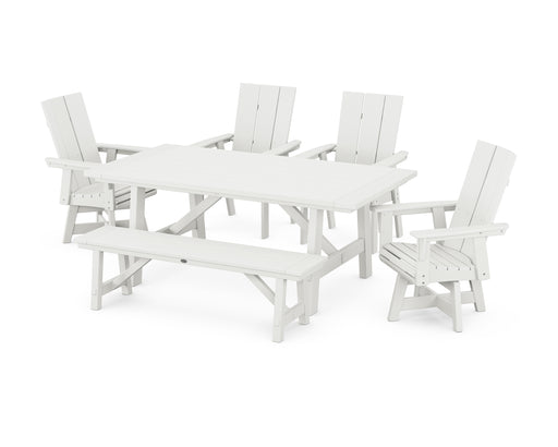 POLYWOOD Modern Curveback Adirondack Swivel Chair 6-Piece Rustic Farmhouse Dining Set with Bench in Vintage White image