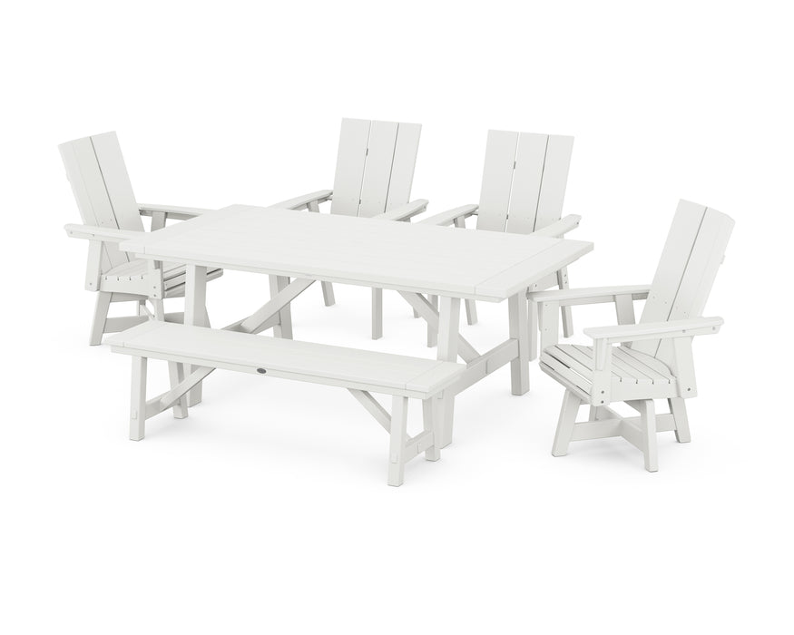 POLYWOOD Modern Curveback Adirondack Swivel Chair 6-Piece Rustic Farmhouse Dining Set with Bench in Vintage White image