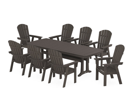 POLYWOOD Nautical Curveback Adirondack 9-Piece Dining Set with Trestle Legs in Vintage Coffee image