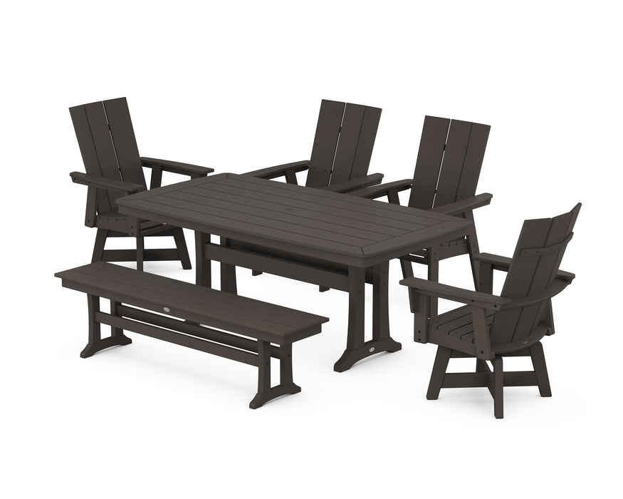 POLYWOOD Modern Curveback Adirondack Swivel Chair 6-Piece Dining Set with Trestle Legs and Bench in Vintage Coffee image