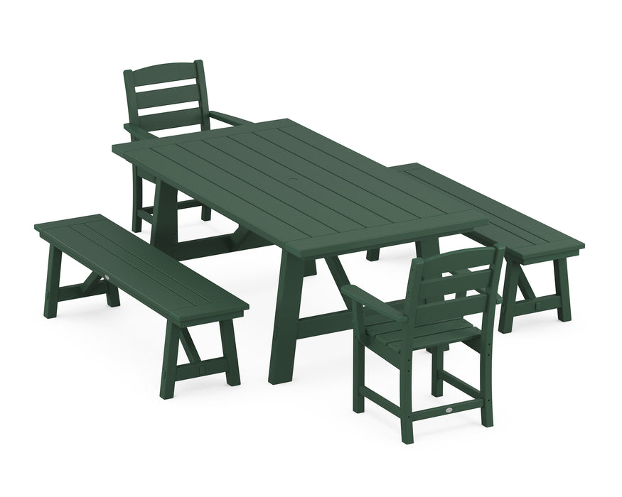 POLYWOOD Lakeside 5-Piece Rustic Farmhouse Dining Set With Benches in Green image