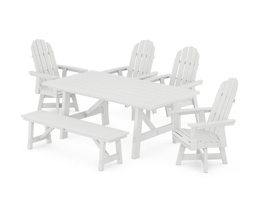 POLYWOOD Vineyard Curveback Adirondack Swivel Chair 6-Piece Rustic Farmhouse Dining Set With Bench in White