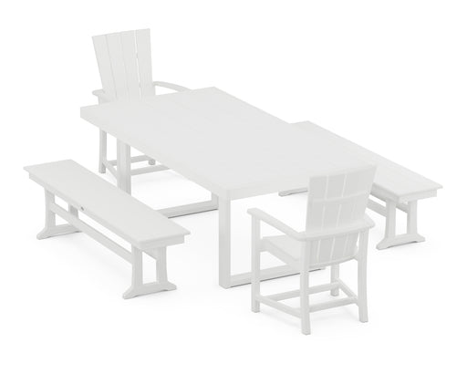 POLYWOOD Quattro 5-Piece Dining Set with Benches in White image