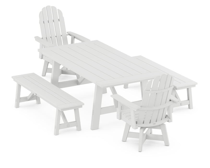 POLYWOOD VineyardCurveback Adirondack Swivel Chair 5-Piece Rustic Farmhouse Dining Set With Benches in White