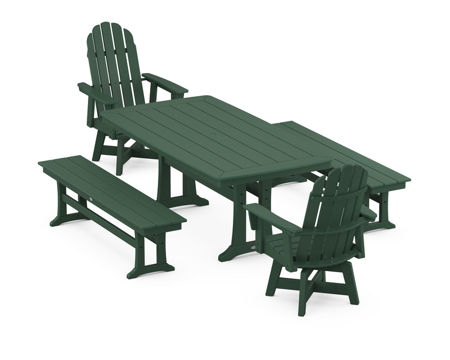 POLYWOOD Vineyard Adirondack Swivel Chair 5-Piece Dining Set with Trestle Legs and Benches in Green