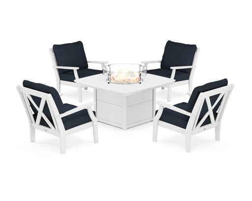 POLYWOOD Braxton 5-Piece Deep Seating Conversation Set with Fire Pit Table in White / Marine Indigo image