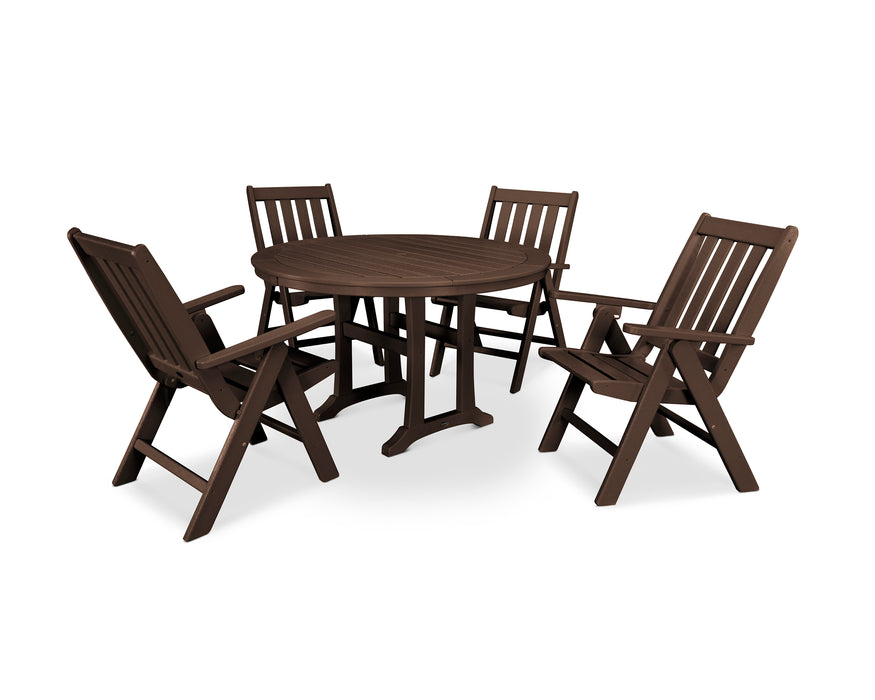 POLYWOOD Vineyard Folding Chair 5-Piece Round Dining Set with Trestle Legs in Mahogany