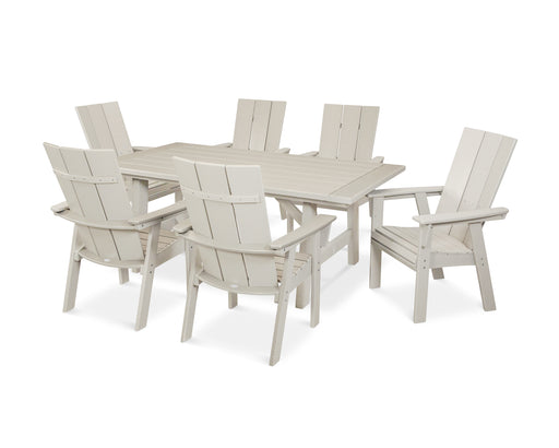 POLYWOOD Modern Curveback Adirondack 7-Piece Rustic Farmhouse Dining Set in Sand image