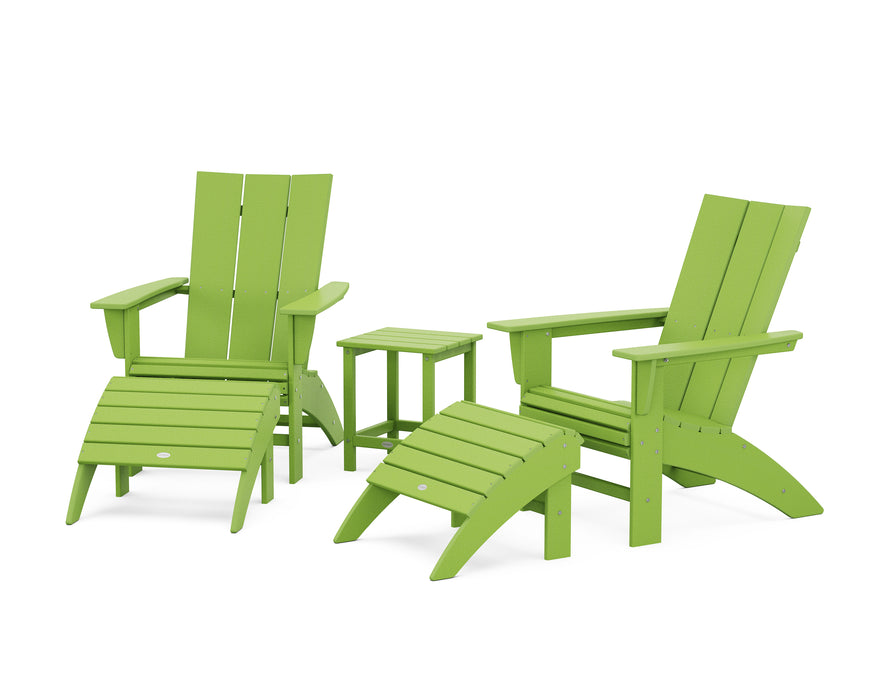 POLYWOOD Modern Curveback Adirondack Chair 5-Piece Set with Ottomans and 18" Side Table in Lime image