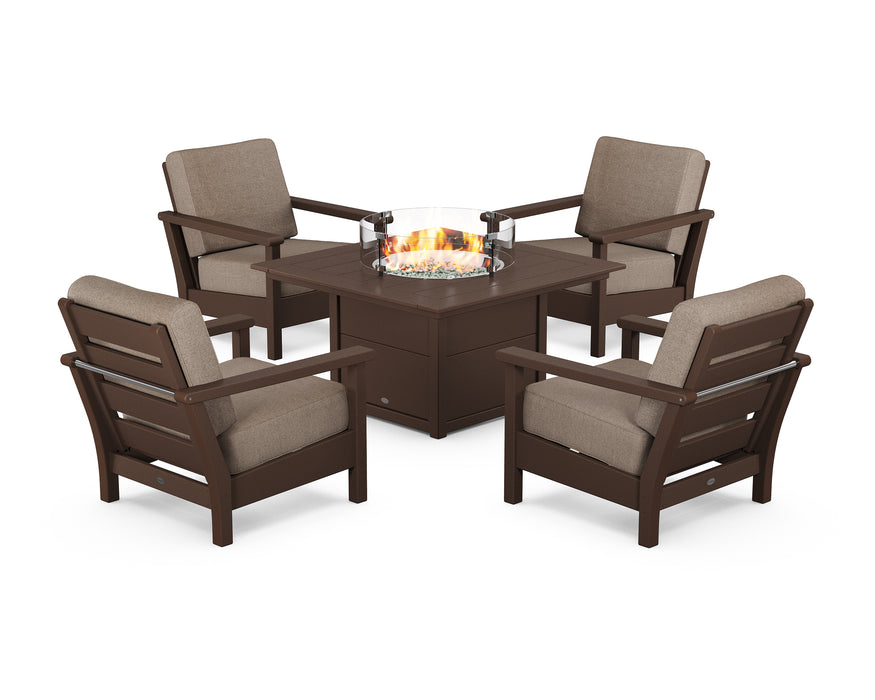 POLYWOOD Harbour 5-Piece Conversation Set with Fire Pit Table in Mahogany / Spiced Burlap image