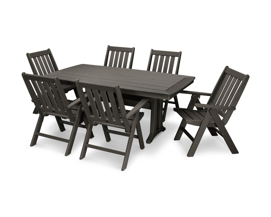 POLYWOOD Vineyard Folding Chair 7-Piece Nautical Dining Set with Trestle Legs in Vintage Coffee